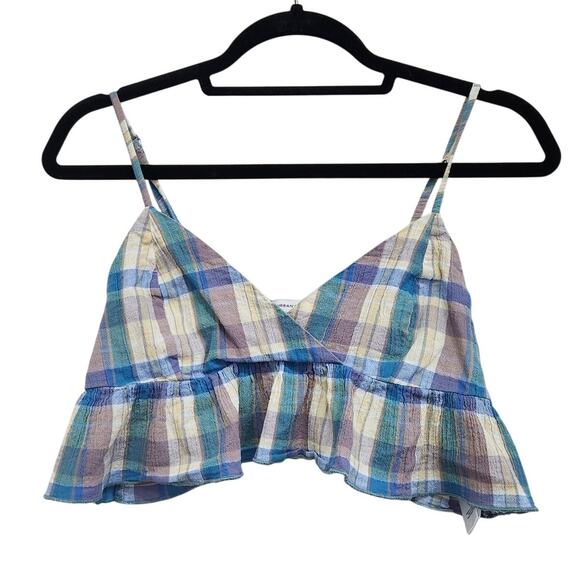 Urban Outfitters Ruffle Peplum Cropped Top V-Neck Plaid Multicolor Size Medium - Picture 4 of 10